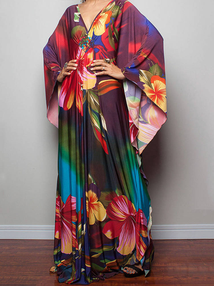 Moomoo Dresses for Women, Plus Size Ethnic Print Kaftan Dress, Mrs. Roper Bubu Mumu Boho Swimsuit Cover Up