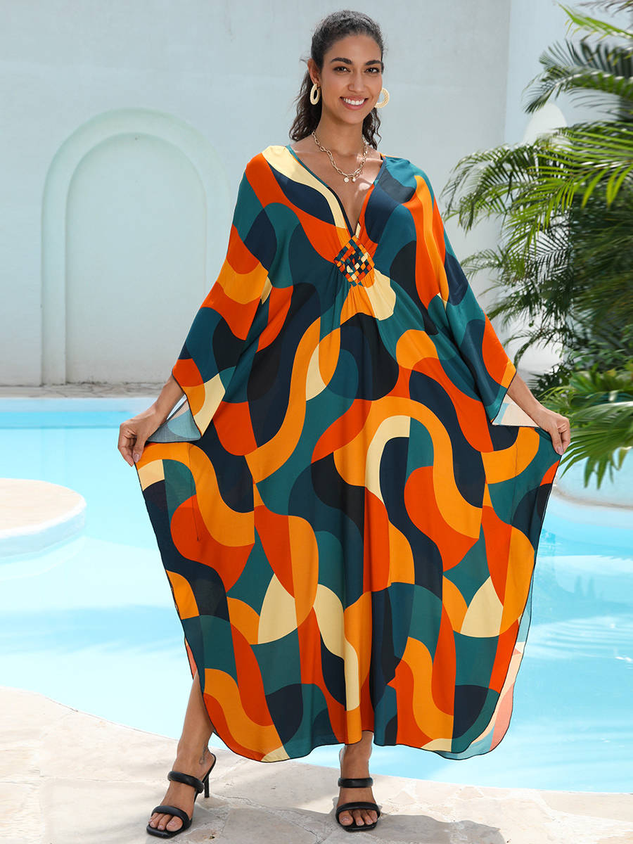 Moomoo Dresses for Women, Plus Size Hawaiian Batwing Sleeve Kaftan Beach Cover Up Dress