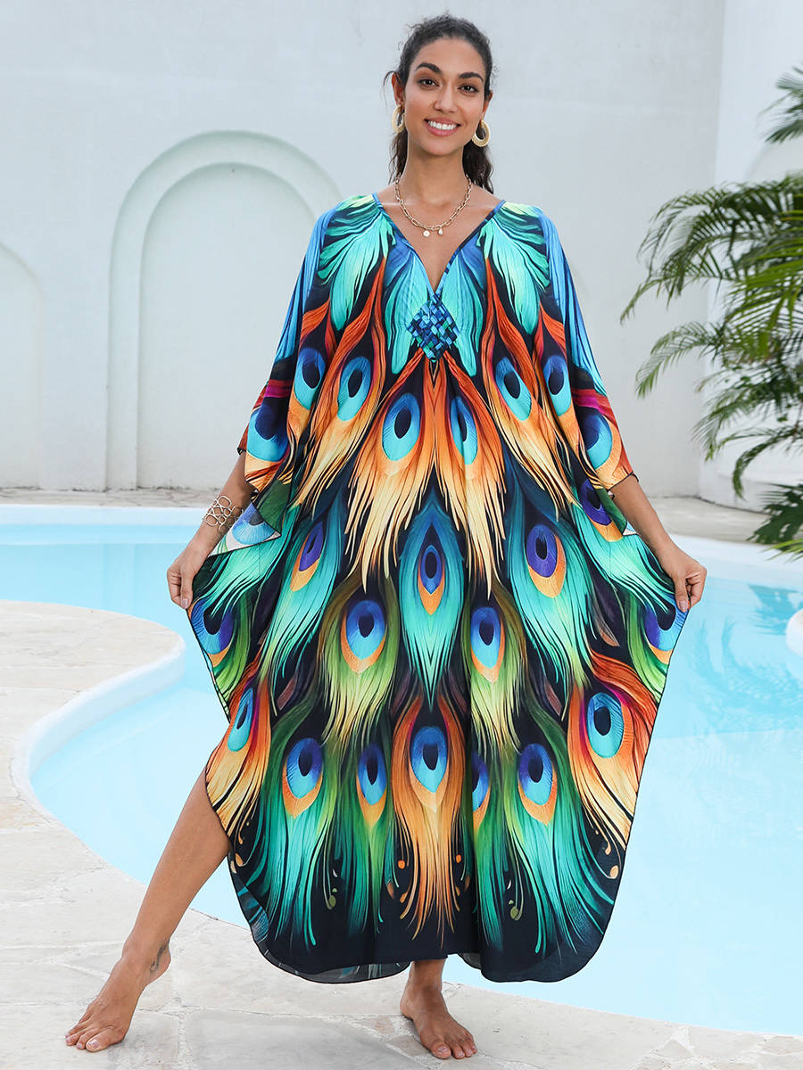 Moomoo Dresses for Women, Plus Size Hawaiian Batwing Sleeve Kaftan Beach Cover Up Dress