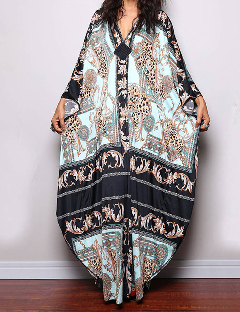 Moomoo Dresses for Women, Plus Size Ethnic Print Kaftan Dress, Mrs. Roper Bubu Mumu Boho Swimsuit Cover Up