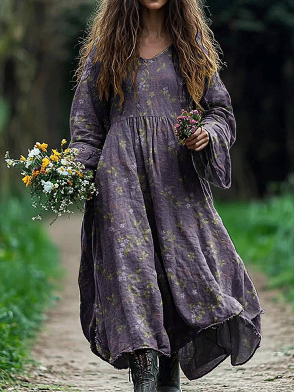 Womens Vintage Western Style V Neck Maxi Dress, Long Casual Dress for Everyday Wear