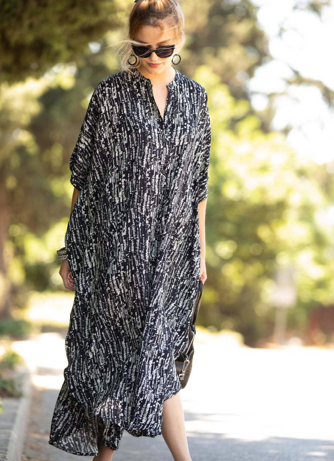 Moomoo Dresses for Women, Plus Size Ethnic Print Kaftan Dress, Mrs Roper Bubu Mumu Boho V Neck 3/4 Sleeve Tunic