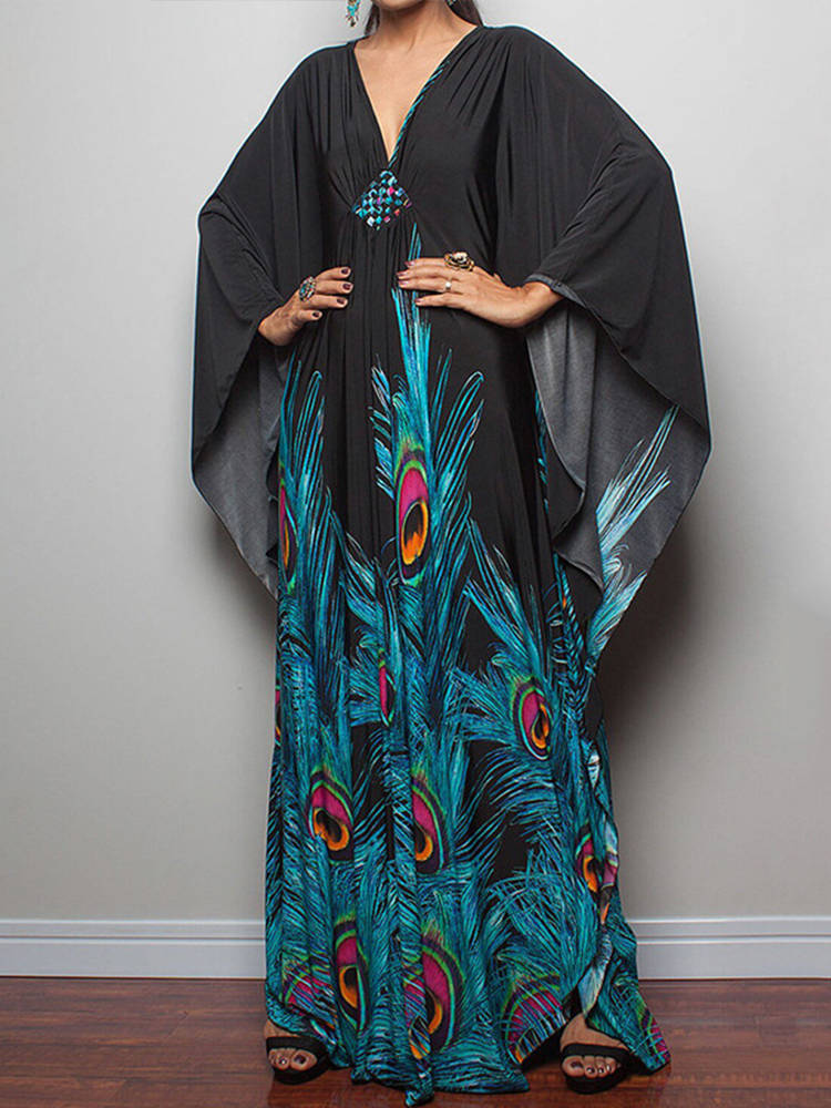 Moomoo Dresses for Women, Plus Size Ethnic Print Kaftan Dress, Mrs. Roper Bubu Mumu Boho Swimsuit Cover Up