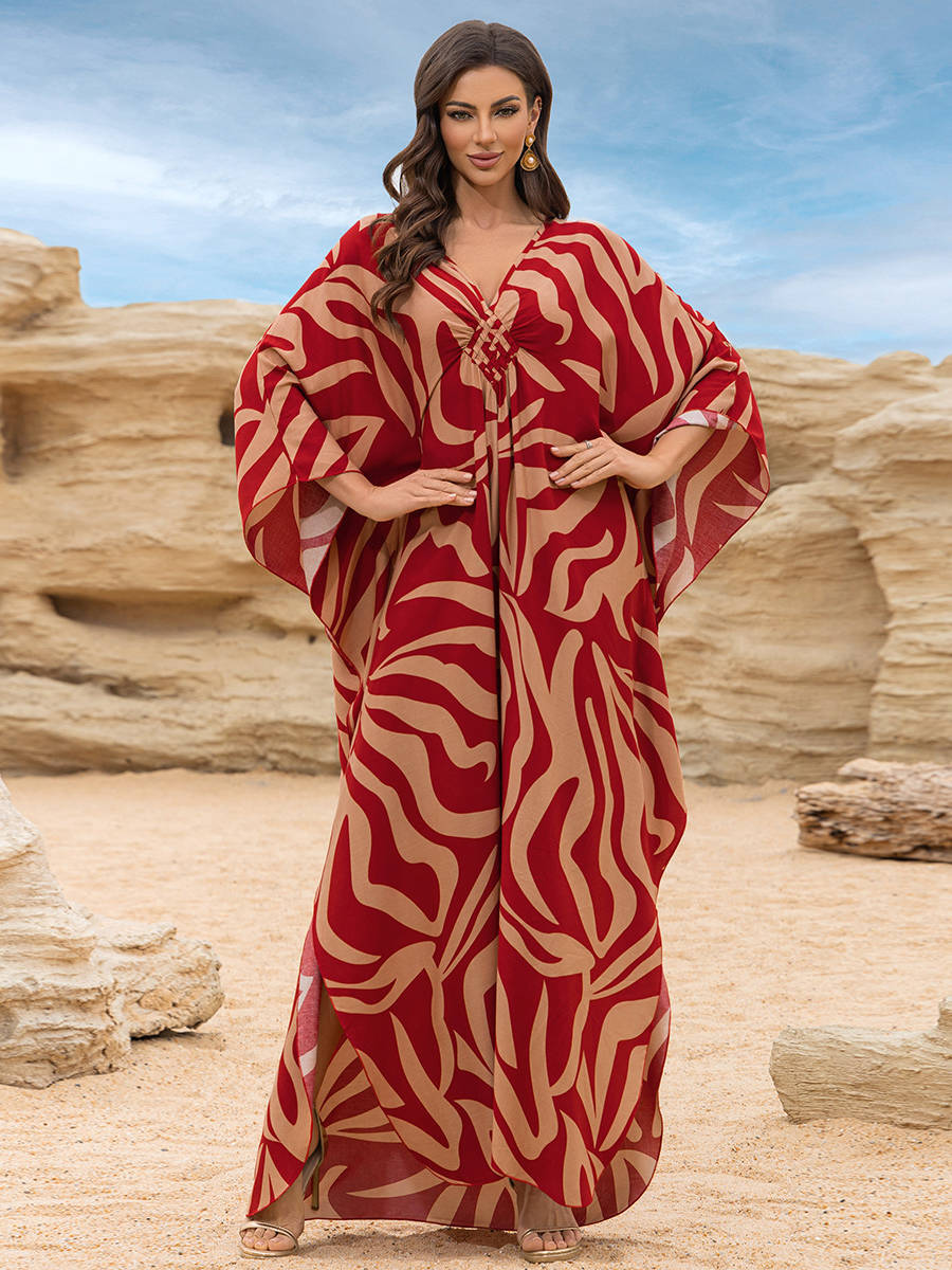 Moomoo Dresses for Women, Plus Size V Neck Batwing Sleeve Floral Kaftan Beach Cover Up Dress