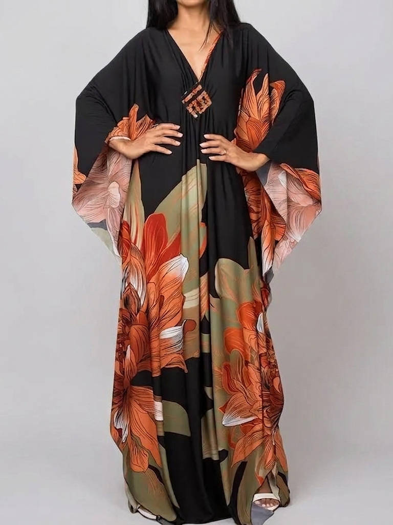 Moomoo Dresses for Women, Plus Size Ethnic Print Kaftan Dress, Mrs. Roper Bubu Mumu Boho Swimsuit Cover Up