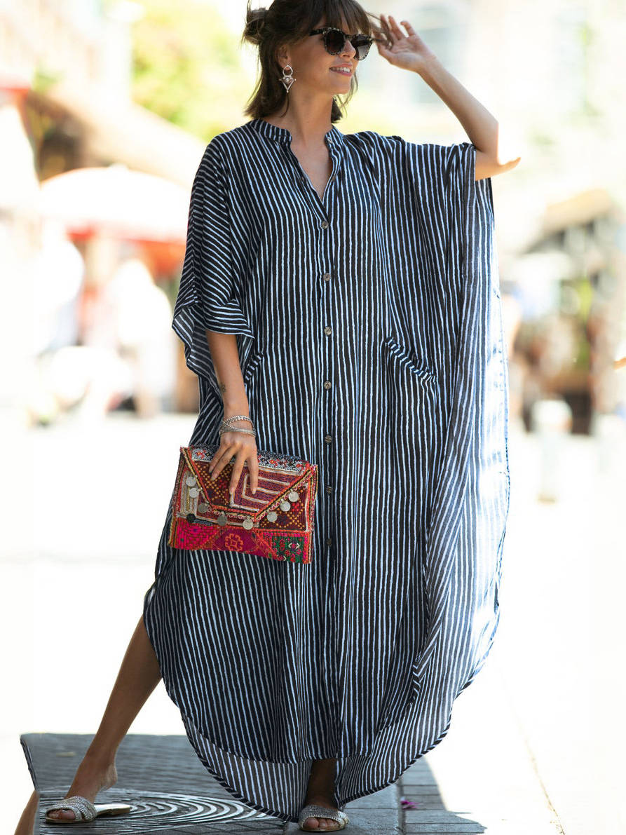 Moomoo Dresses for Women, Plus Size Ethnic Print Kaftan Dress, Mrs Roper Bubu Mumu Boho V Neck 3/4 Sleeve Tunic