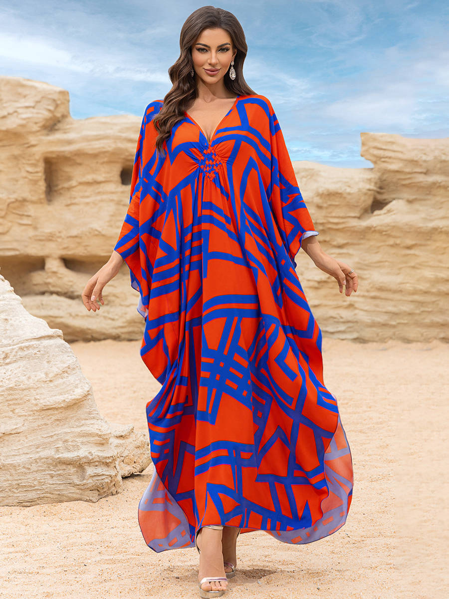 Moomoo Dresses for Women, Plus Size V Neck Batwing Sleeve Floral Kaftan Beach Cover Up Dress