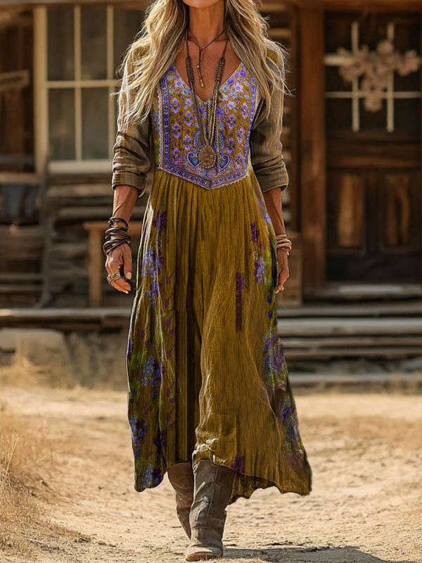 Womens Vintage Western Style V Neck Maxi Dress, Long Casual Dress for Everyday Wear