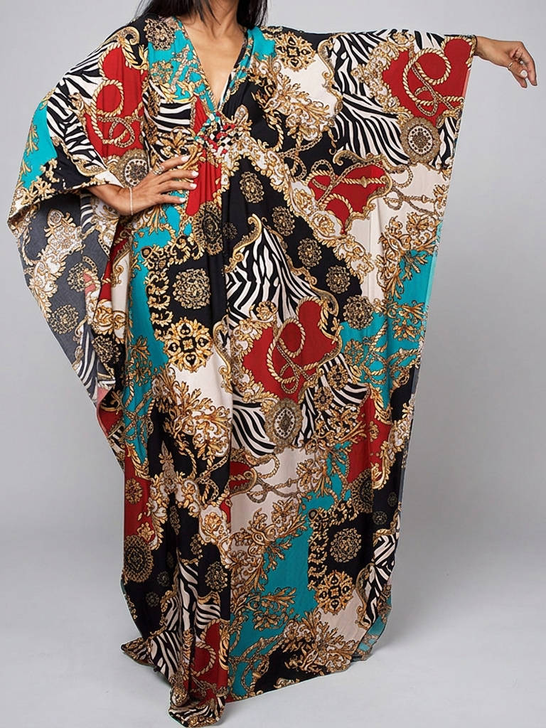 Moomoo Dresses for Women, Plus Size Ethnic Print Kaftan Dress, Mrs. Roper Bubu Mumu Boho Swimsuit Cover Up