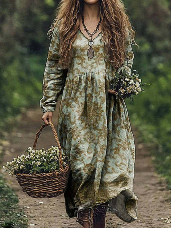 Womens Vintage Western Style V Neck Maxi Dress, Long Casual Dress for Everyday Wear