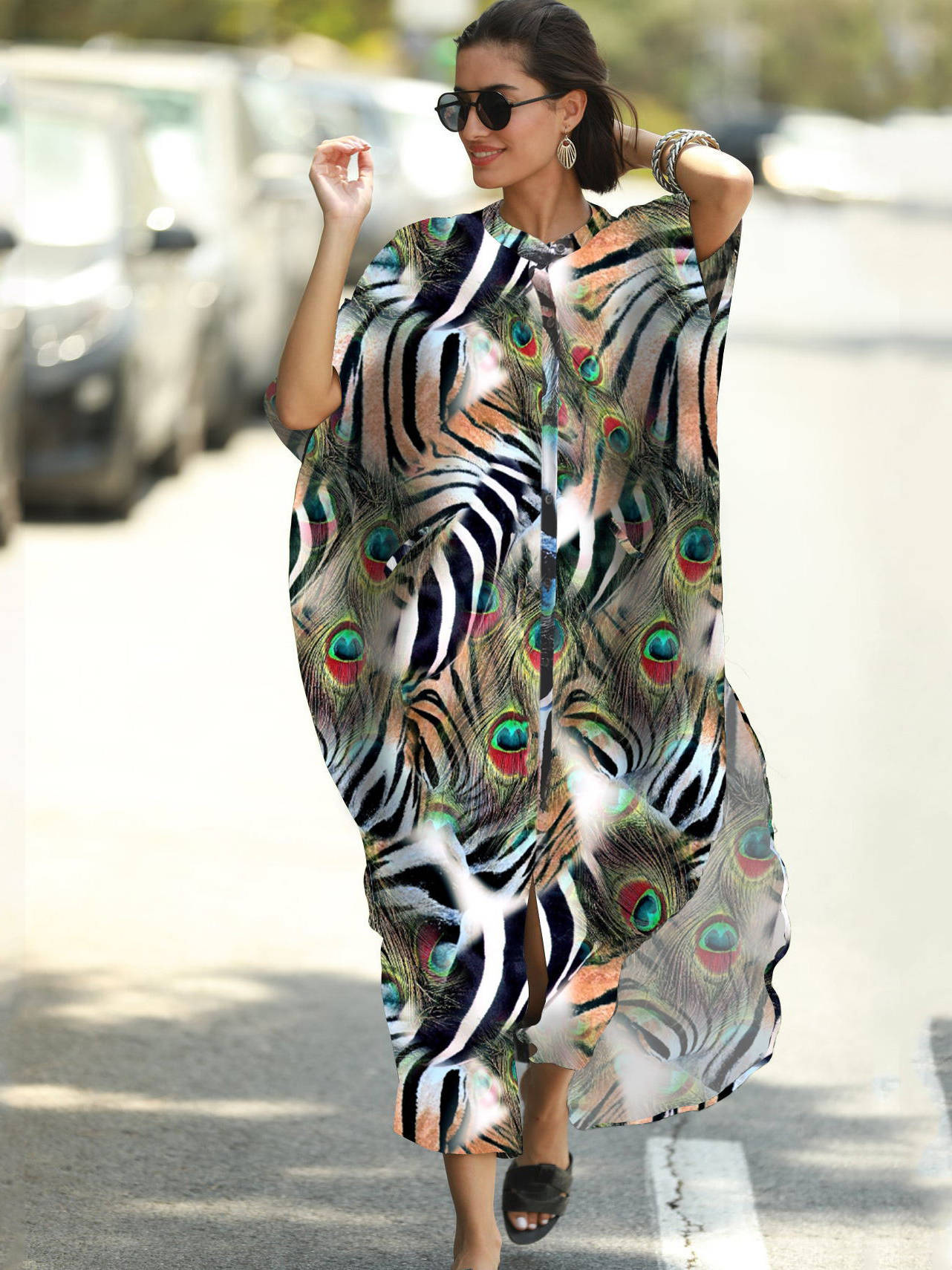 Moomoo Dresses for Women, Plus Size Ethnic Print Kaftan Dress, Mrs Roper Bubu Mumu Boho V Neck 3/4 Sleeve Tunic