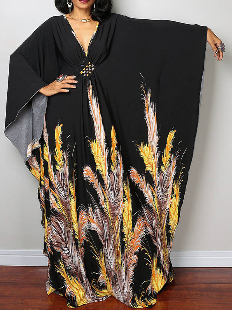 Moomoo Dresses for Women, Plus Size Ethnic Print Kaftan Dress, Mrs. Roper Bubu Mumu Boho Swimsuit Cover Up