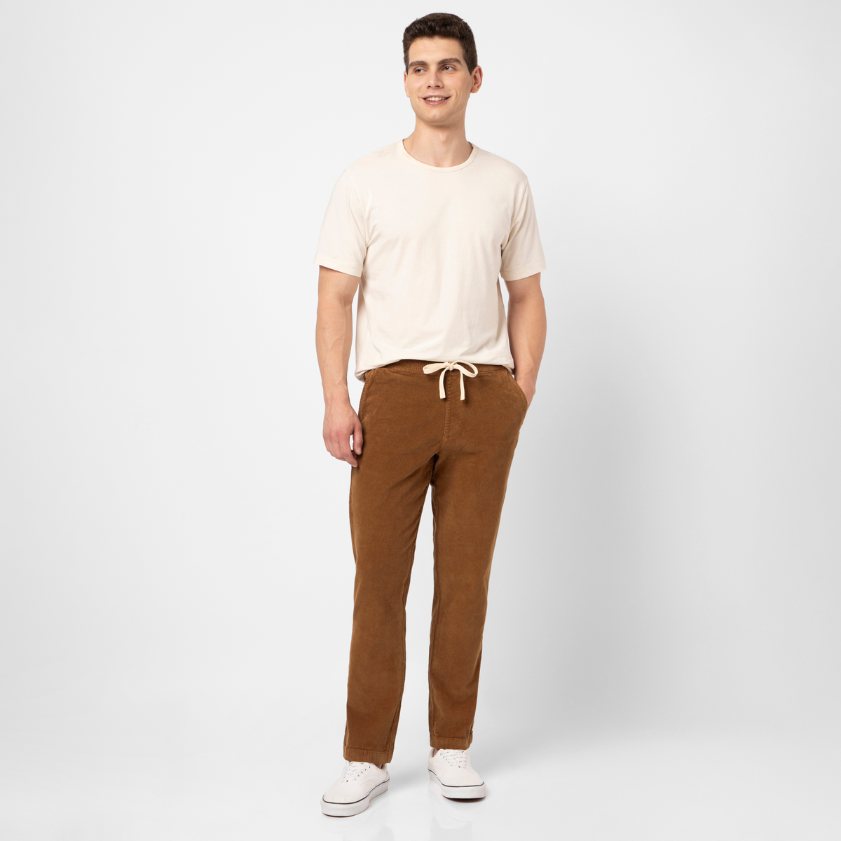 Corduroy Easy Pant Dark Clay full body on model