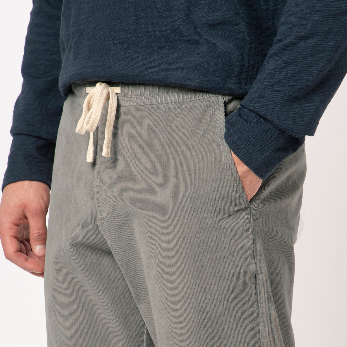 Corduroy Easy Pant Ash close up front on model