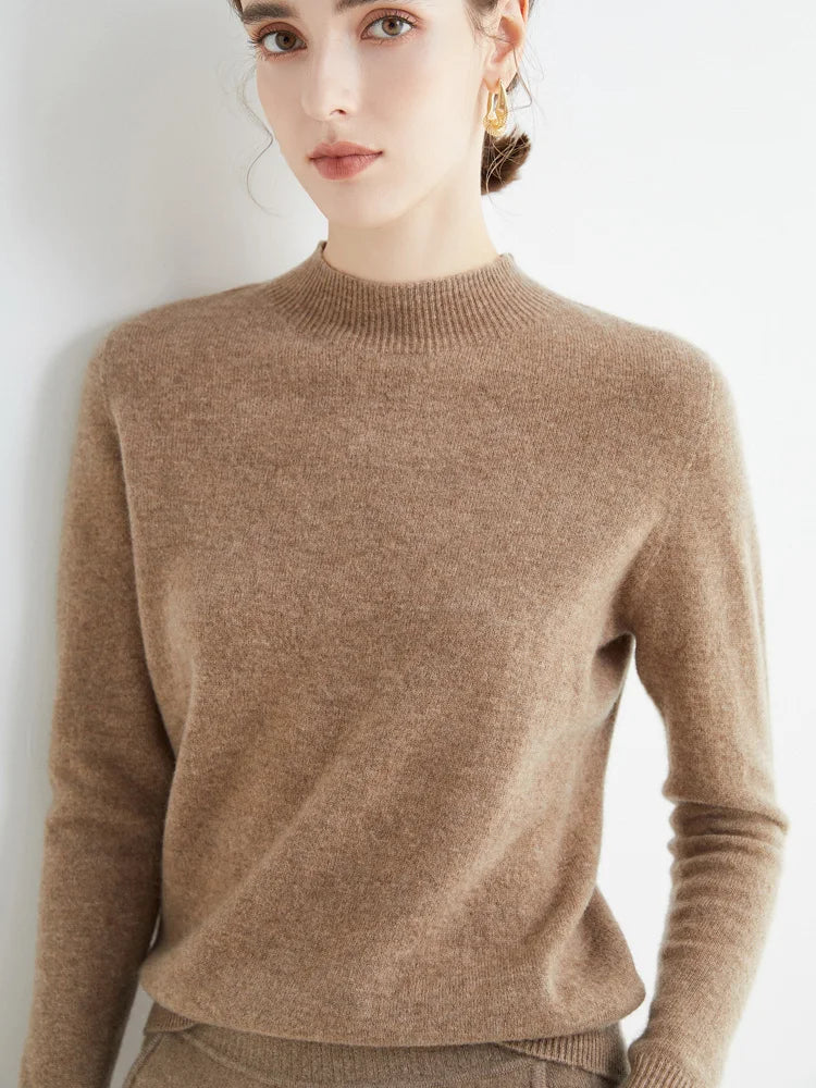 Women Knitted Mock Turtleneck Sweater with Ribbed Hem and Cuffs