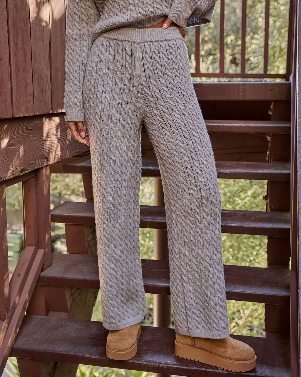 Cable Knit Stretch Pants with Elastic Waistband and Straight Leg