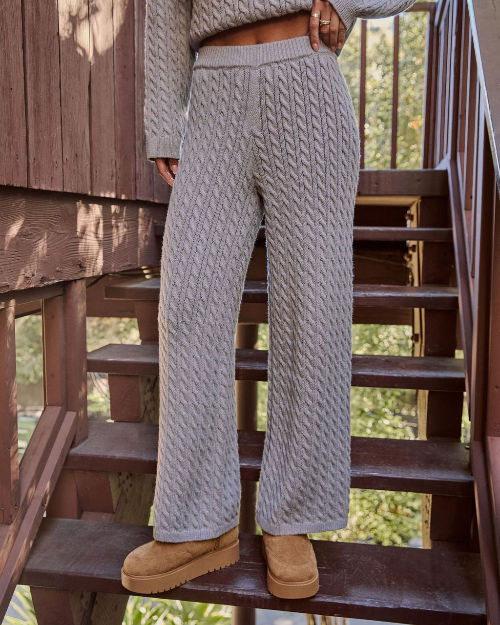 Cable Knit Stretch Pants with Elastic Waistband and Straight Leg