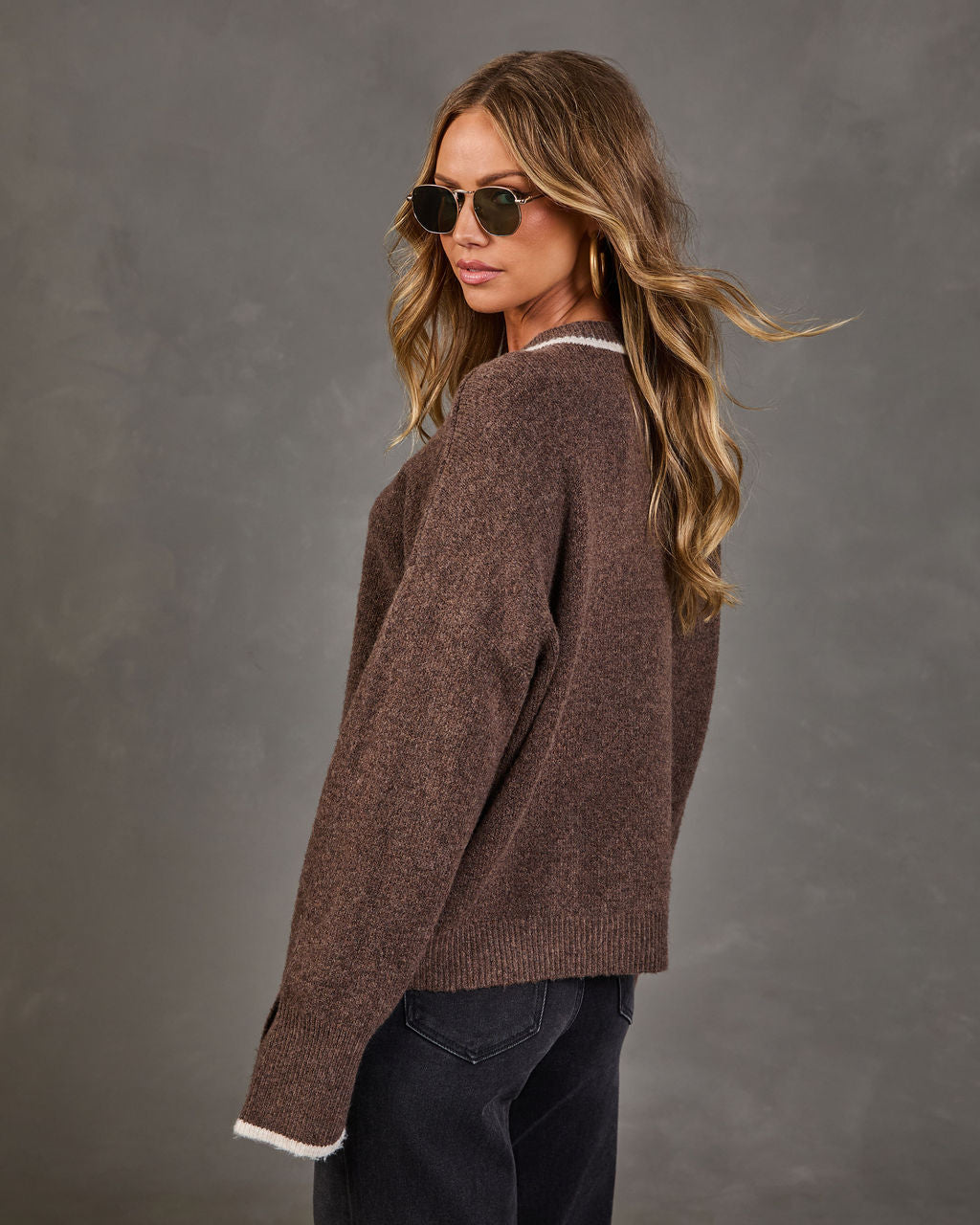 Womens Stretch Knit Cardigan with Button Front and Contrast Trim, Brushed