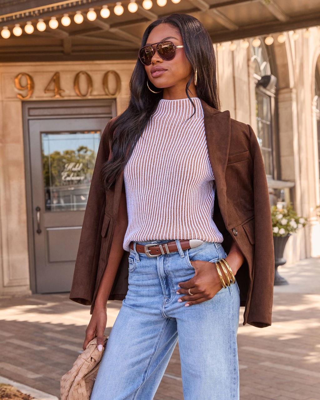 Striped Mock Neck Sweater with Cap Sleeves and Stretch Knit Blend