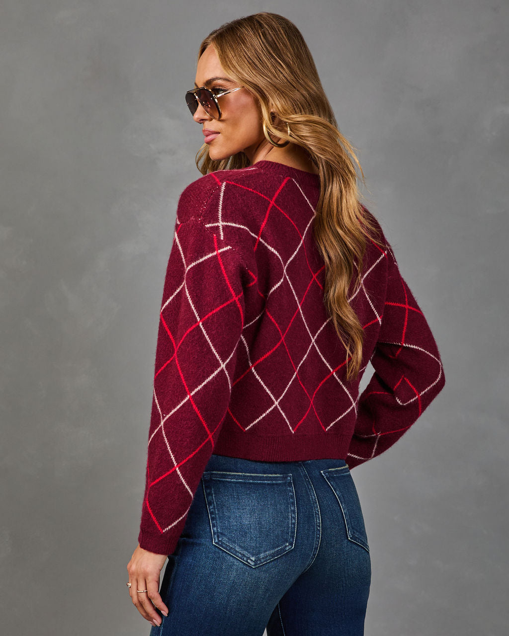 Argyle Knit Cardigan with Stretch Fit, Ribbed Trim and Brushed Fabric