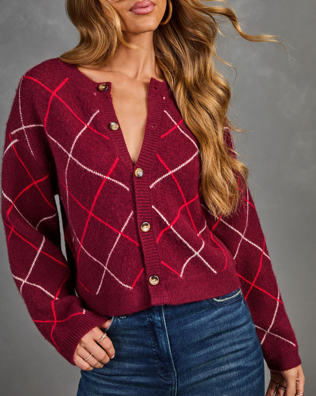 Argyle Knit Cardigan with Stretch Fit, Ribbed Trim and Brushed Fabric