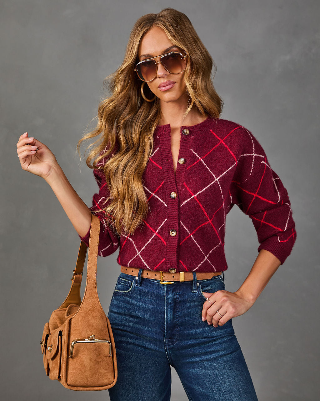 Argyle Knit Cardigan with Stretch Fit, Ribbed Trim and Brushed Fabric