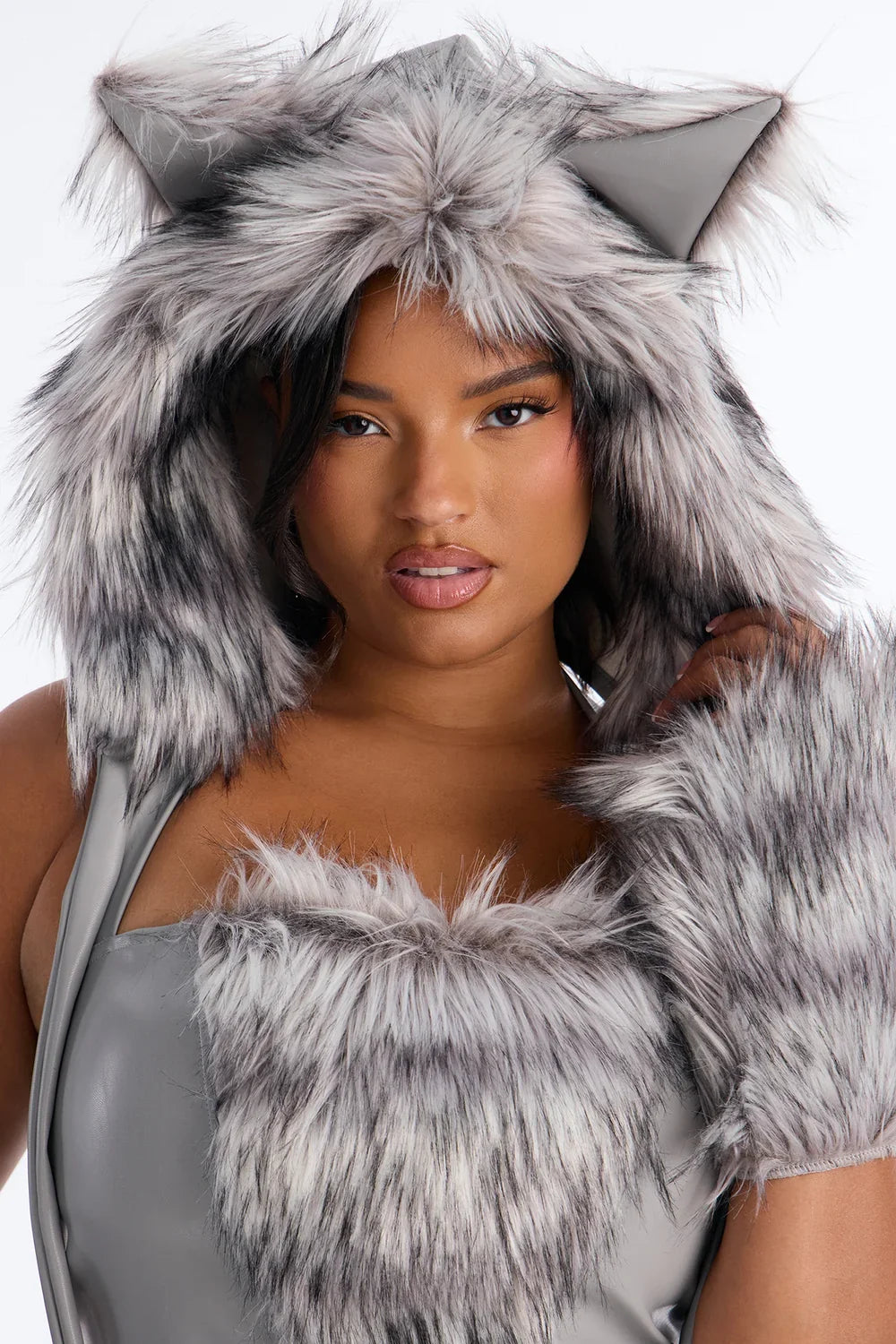 Five Piece Faux Fur Costume Set with Corset, Hood and Legwarmers