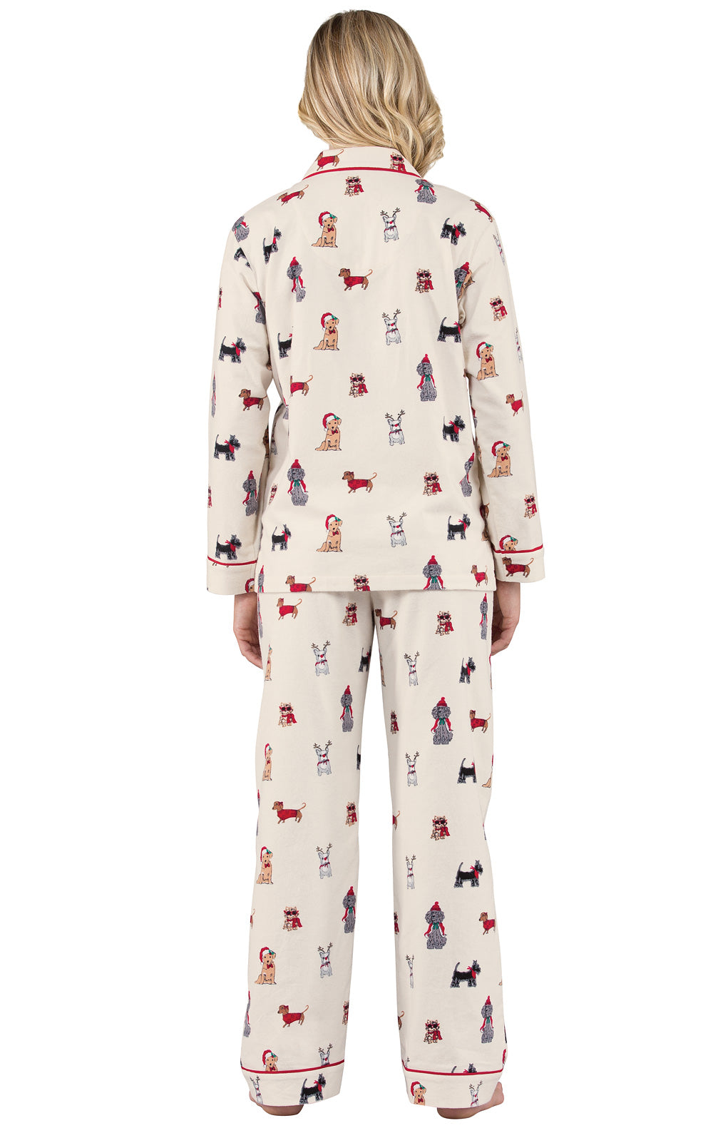 Button Front Flannel Pajama Set with Festive Dog Print and Notch Collar