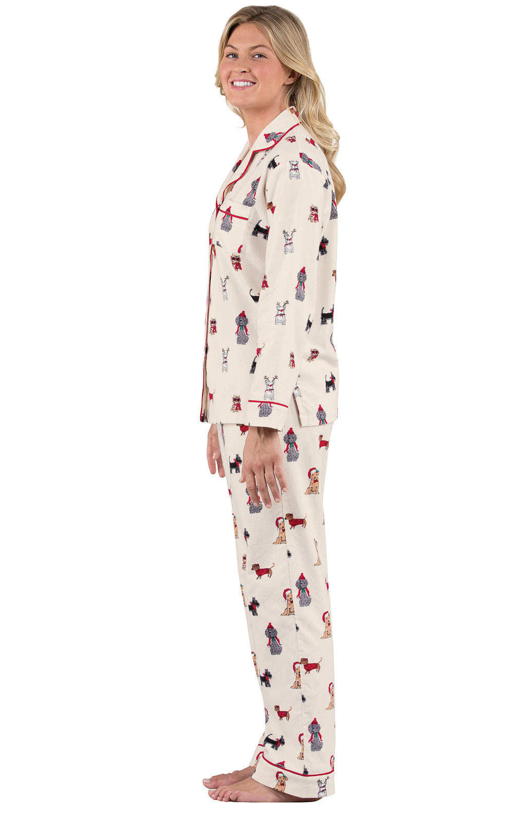 Button Front Flannel Pajama Set with Festive Dog Print and Notch Collar