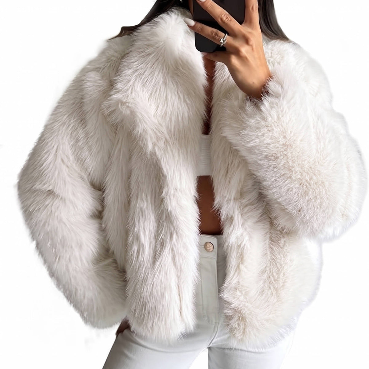 Womens Cropped Faux Fur Jacket, Fluffy Long Sleeve Winter Coat