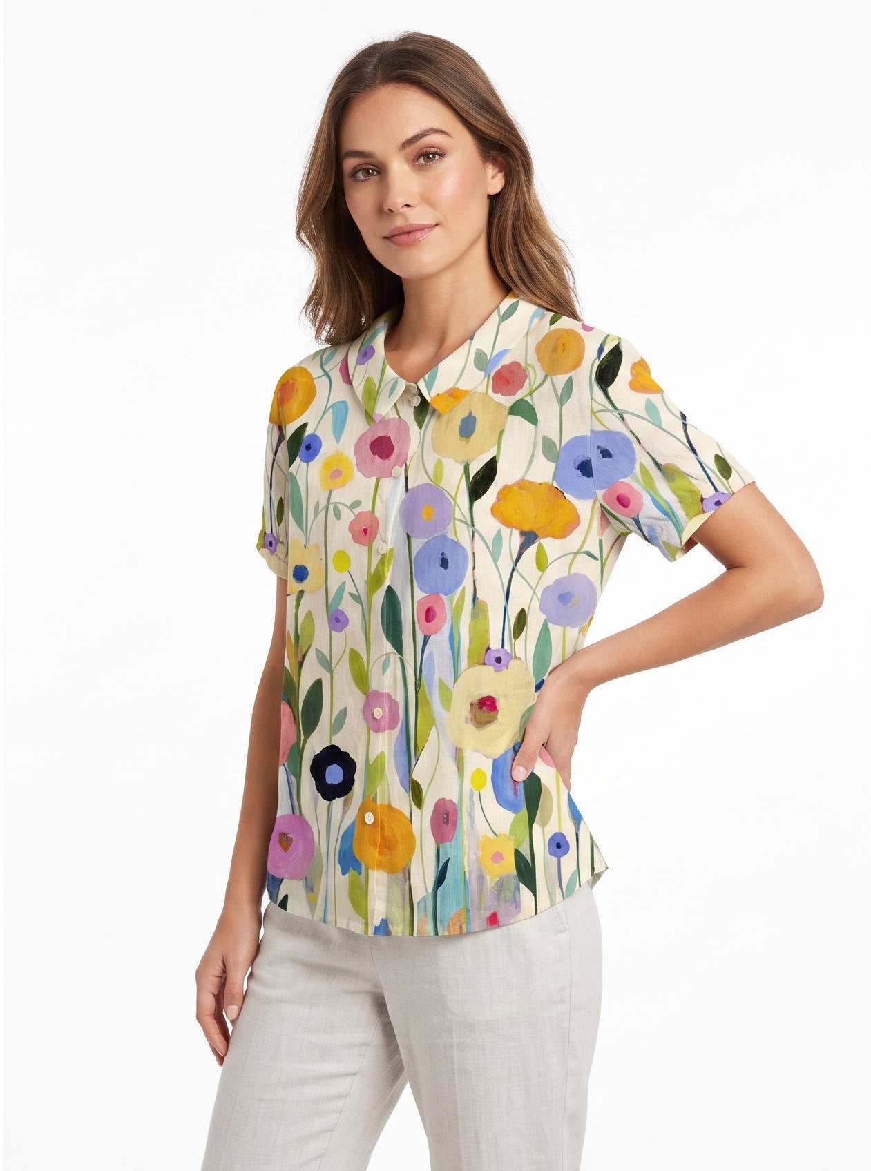 Women's Floral Print Linen Blouse, Vintage Peter Pan Collar Short Sleeve Shirt, Casual Lightweight Prairie Tops
