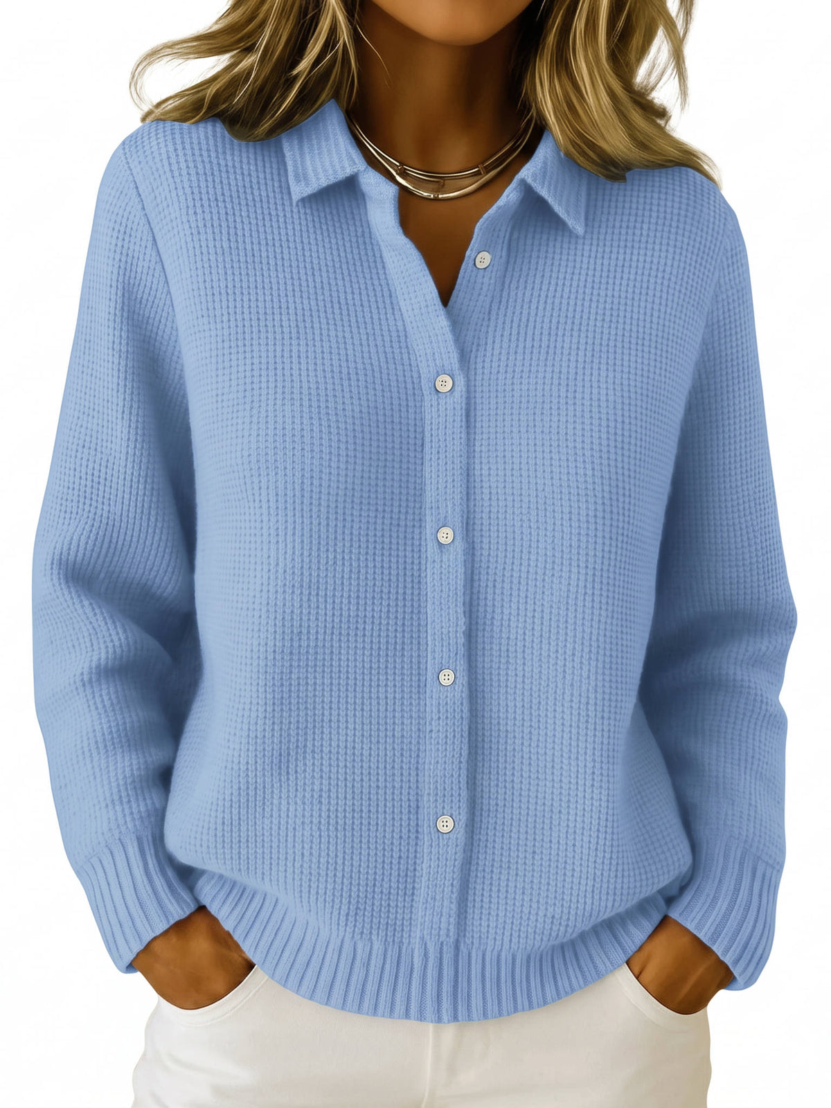 Womens Waffle Knit Sweater, Long Sleeve Collared Button Down Cardigan, Casual Loose Fit Top