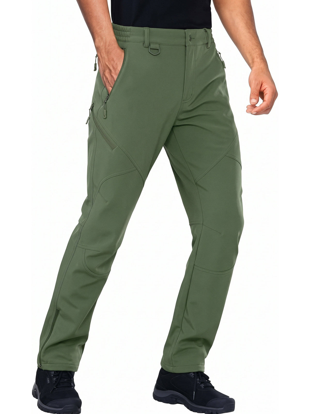 Mens Hunting Pants, Water Repellent Softshell Ski Pants with Fleece Lining, 6 Zip Pockets and Leg Zippers for Winter Hiking