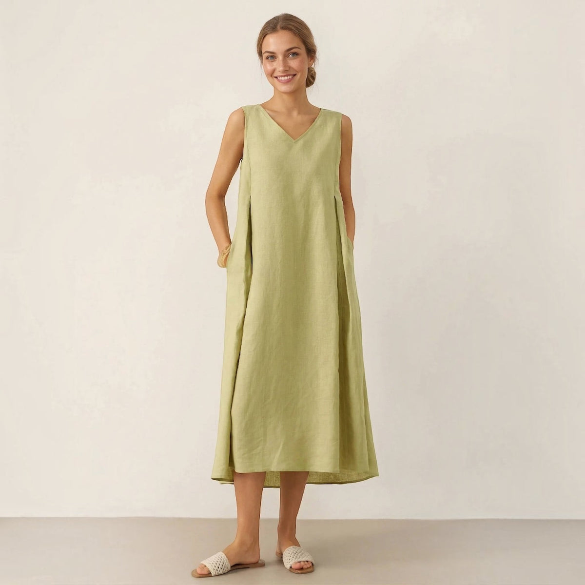 Breathable Pure Linen A Line Maxi Dress with V Neckline and Adjustable Back Tie