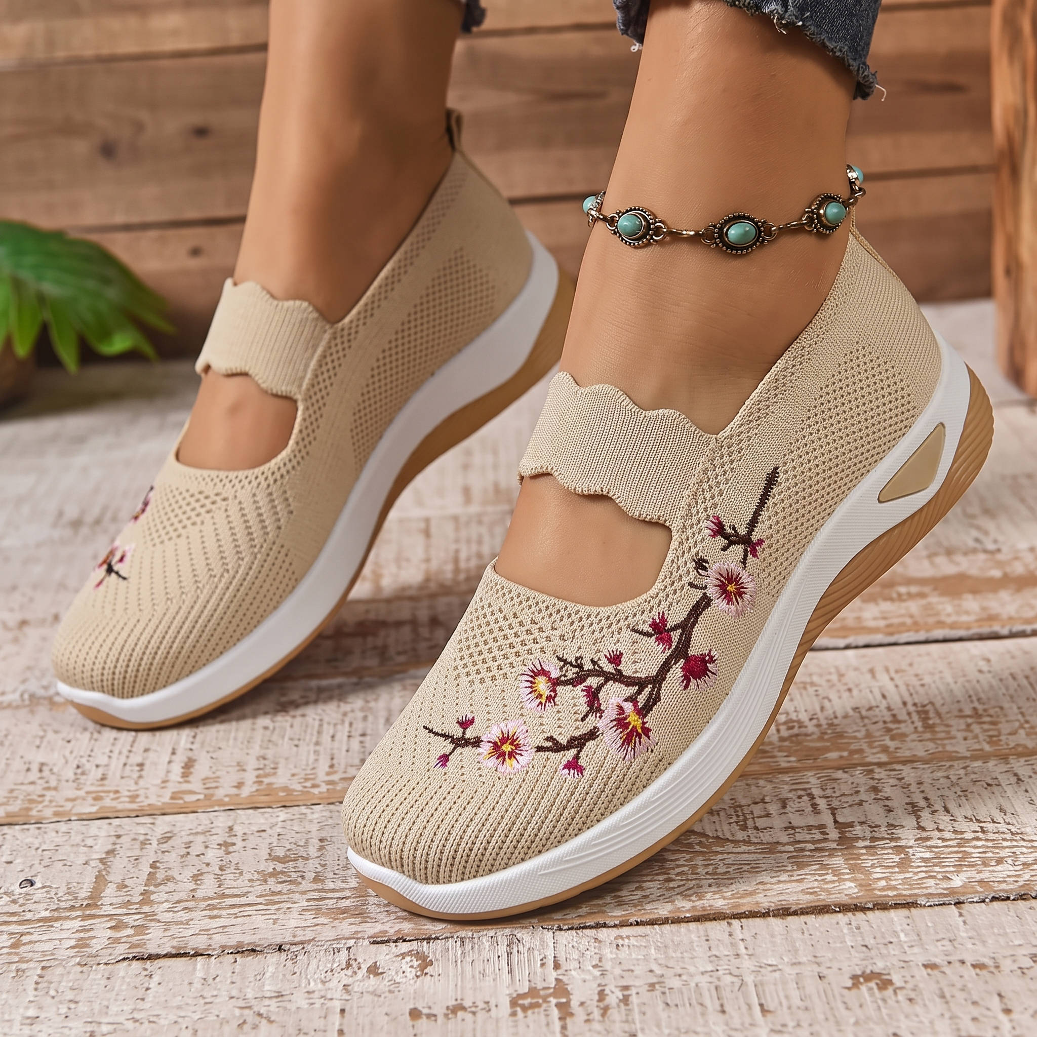 Women's Mary Jane Sneakers, Floral Embroidered Mesh Shoes, Slip on Elastic Strap Comfort Flats