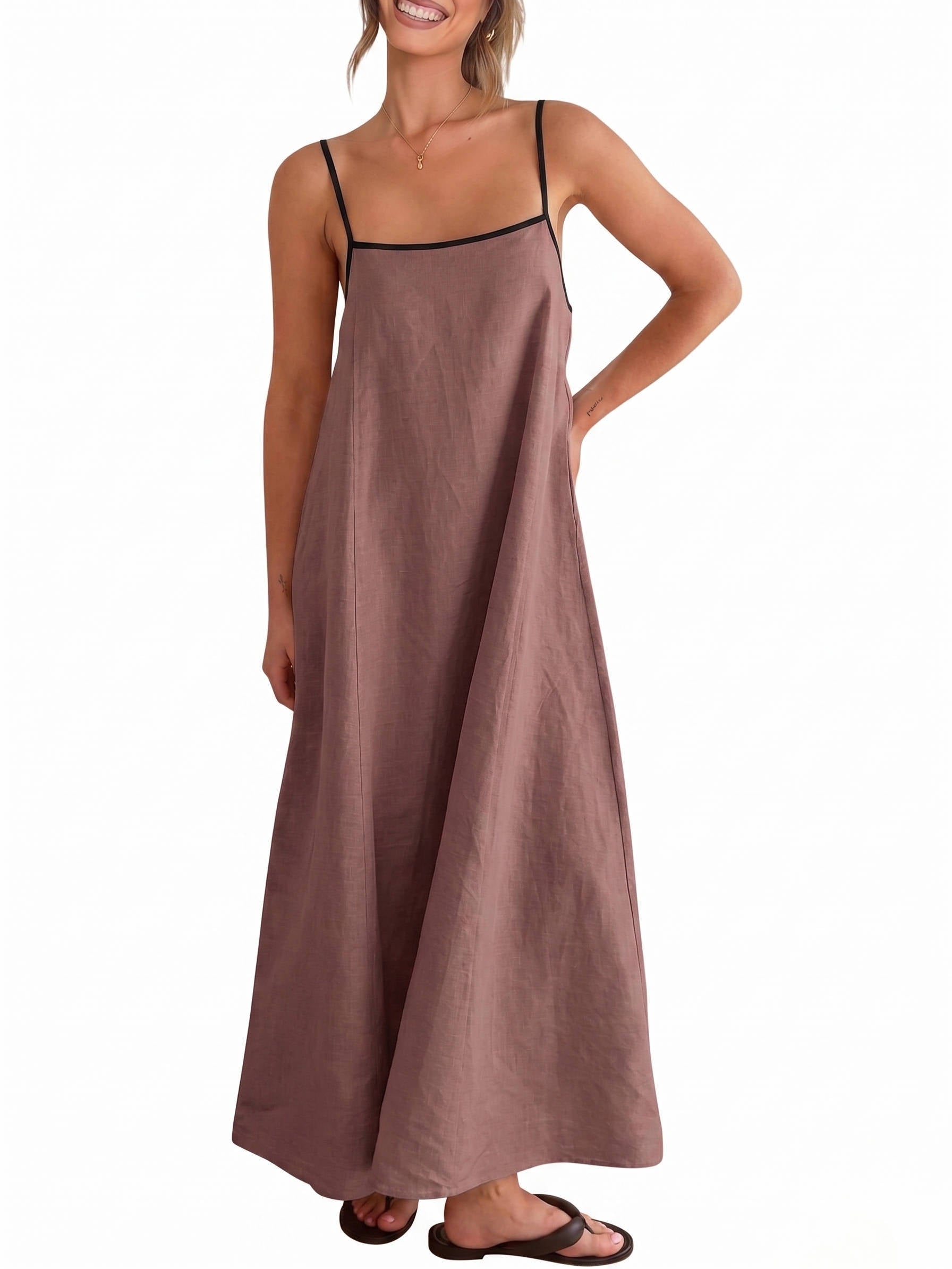 Womens Linen Maxi Dress, Contrast Spaghetti Strap Backless Summer Beach Dress