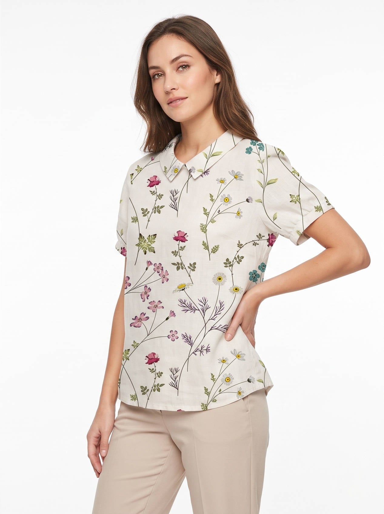 Women's Floral Print Linen Blouse, Vintage Peter Pan Collar Short Sleeve Shirt, Casual Lightweight Prairie Tops