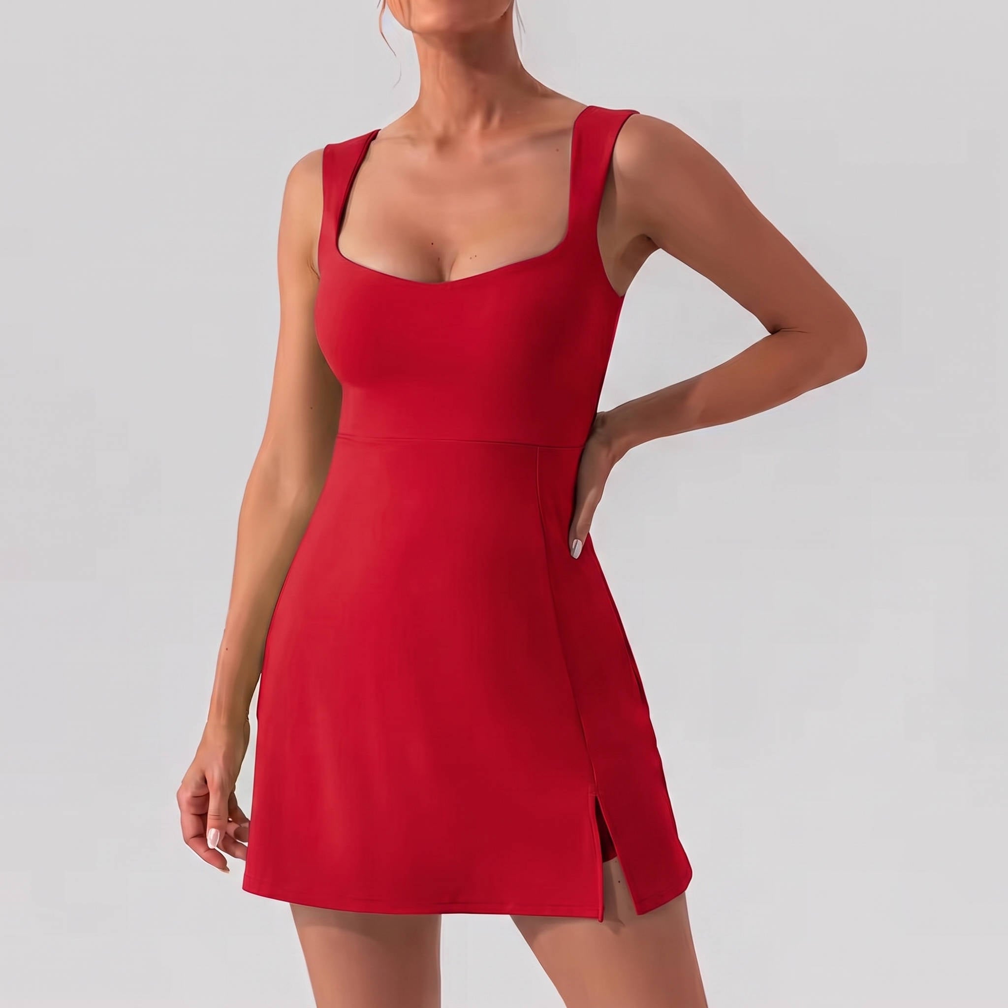 Womens Athletic Dress, Mini U Neck Sleeveless Little Dress with Built In Shorts and Pockets