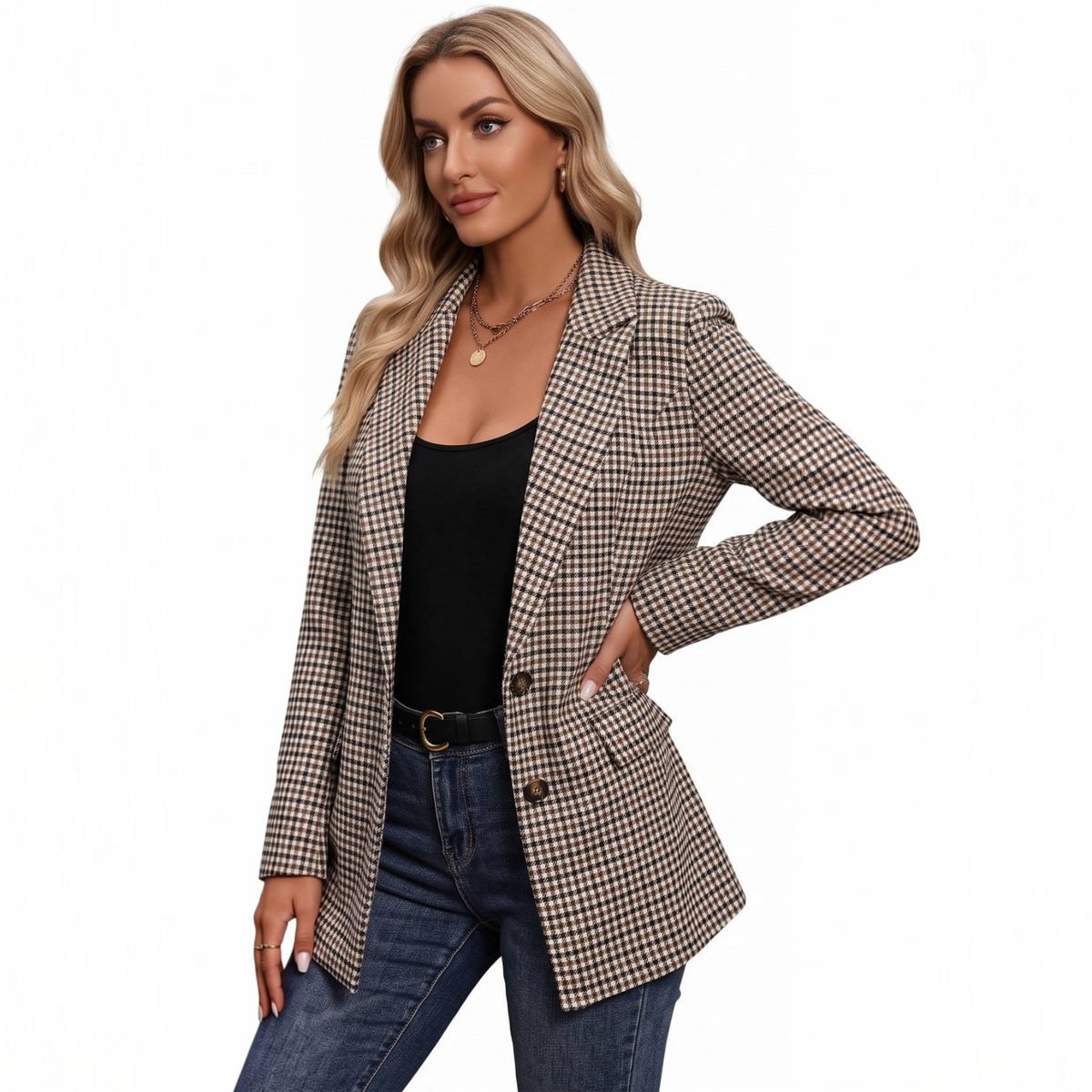Womens Plaid Houndstooth Blazer, Business Casual Fall Jacket