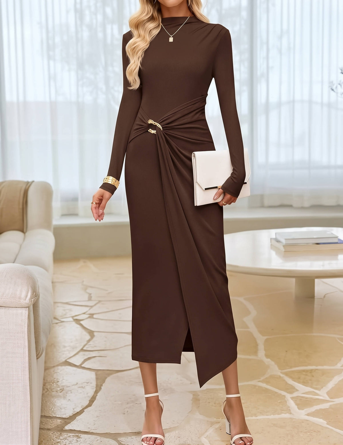 Womens Midi Dress, Long Sleeve Fall Wedding Guest Dress for Elegant Autumn Events