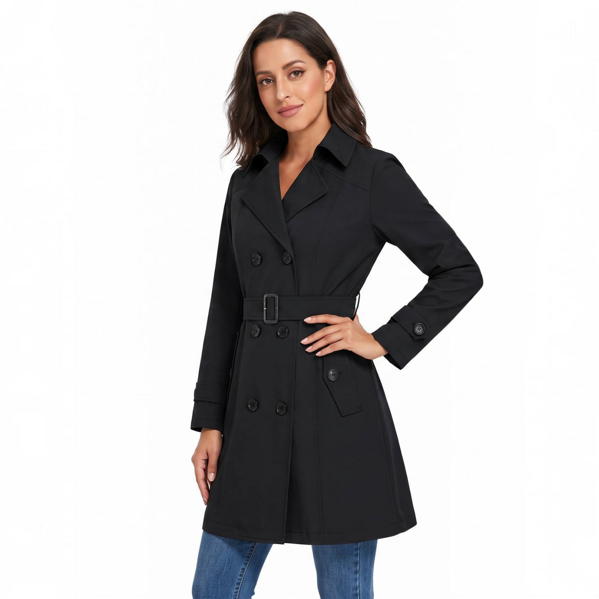 Womens Trench Coat, Classic Lapel, Belted Outerwear