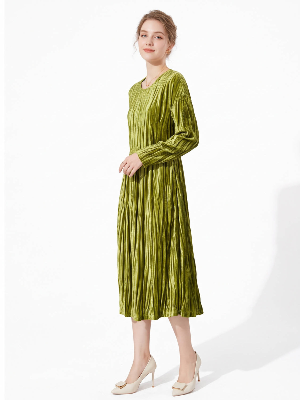Velvet Dresses for Women, Vintage Style Long Sleeve Cinched Waist Pleated Dress for Fall and Winter