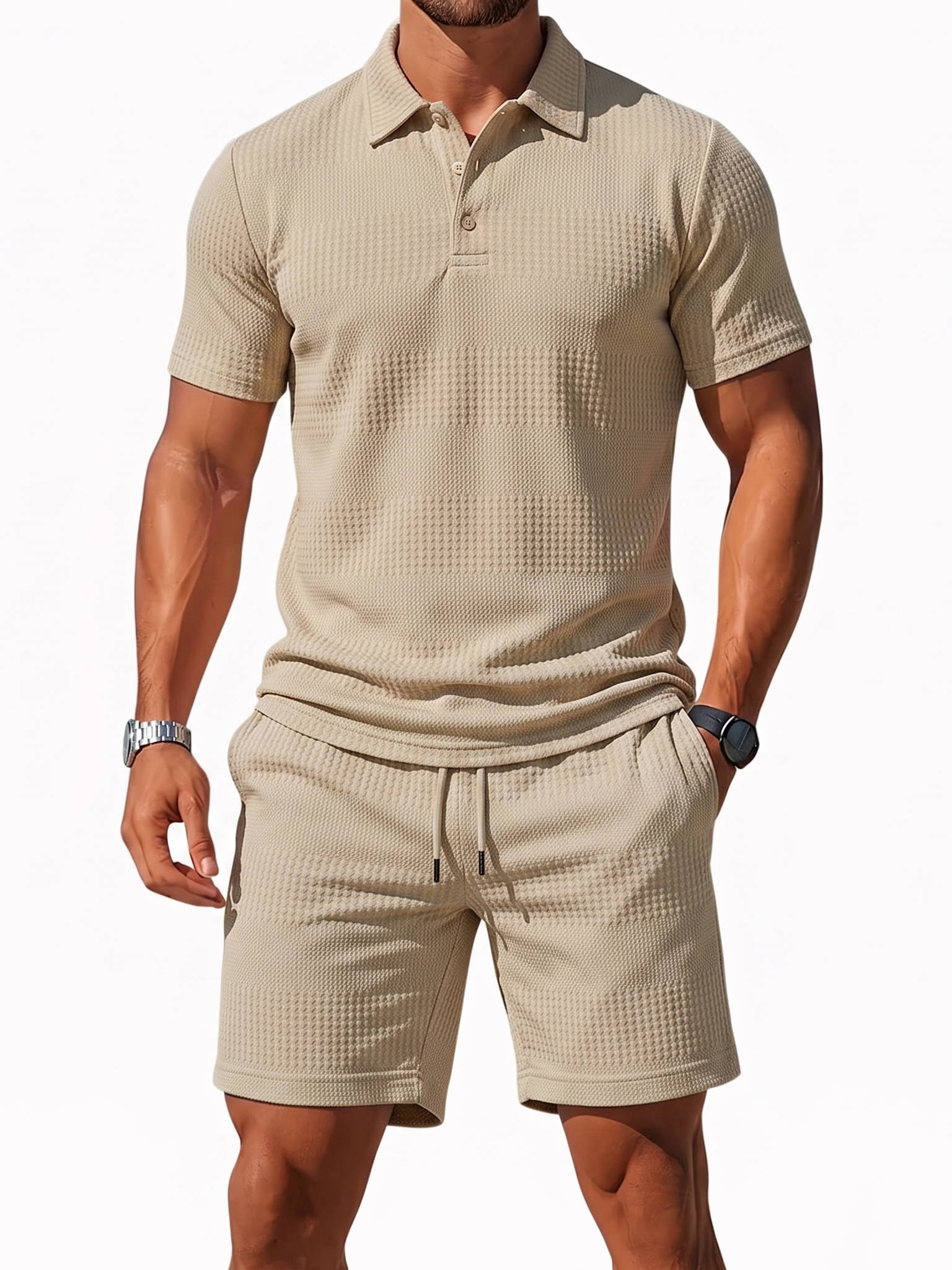 Men's Knitted Polo and Shorts Set, Vintage Casual Two Piece Outfits, Short Sleeve Textured Tracksuit