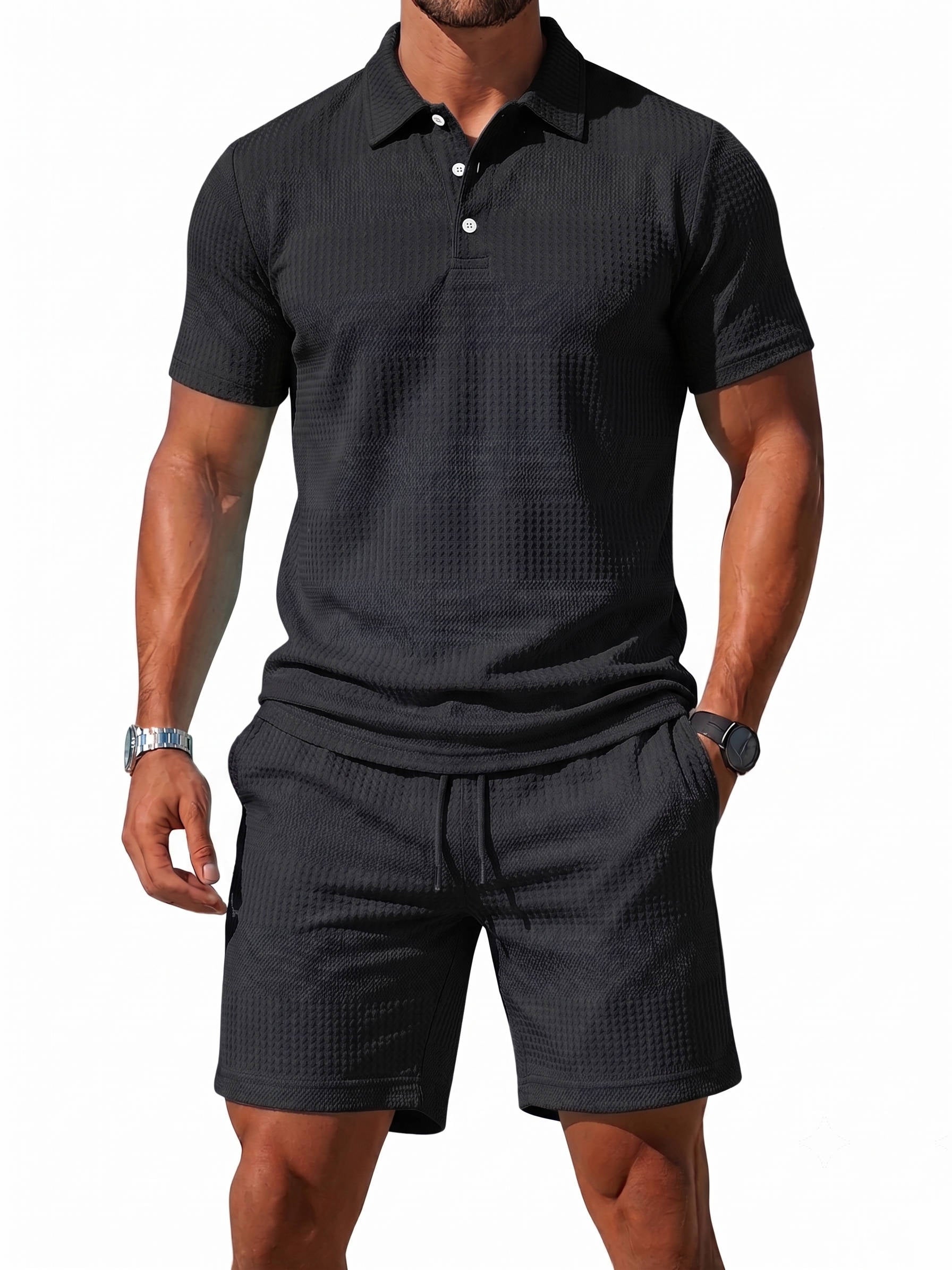 Men's Knitted Polo and Shorts Set, Vintage Casual Two Piece Outfits, Short Sleeve Textured Tracksuit