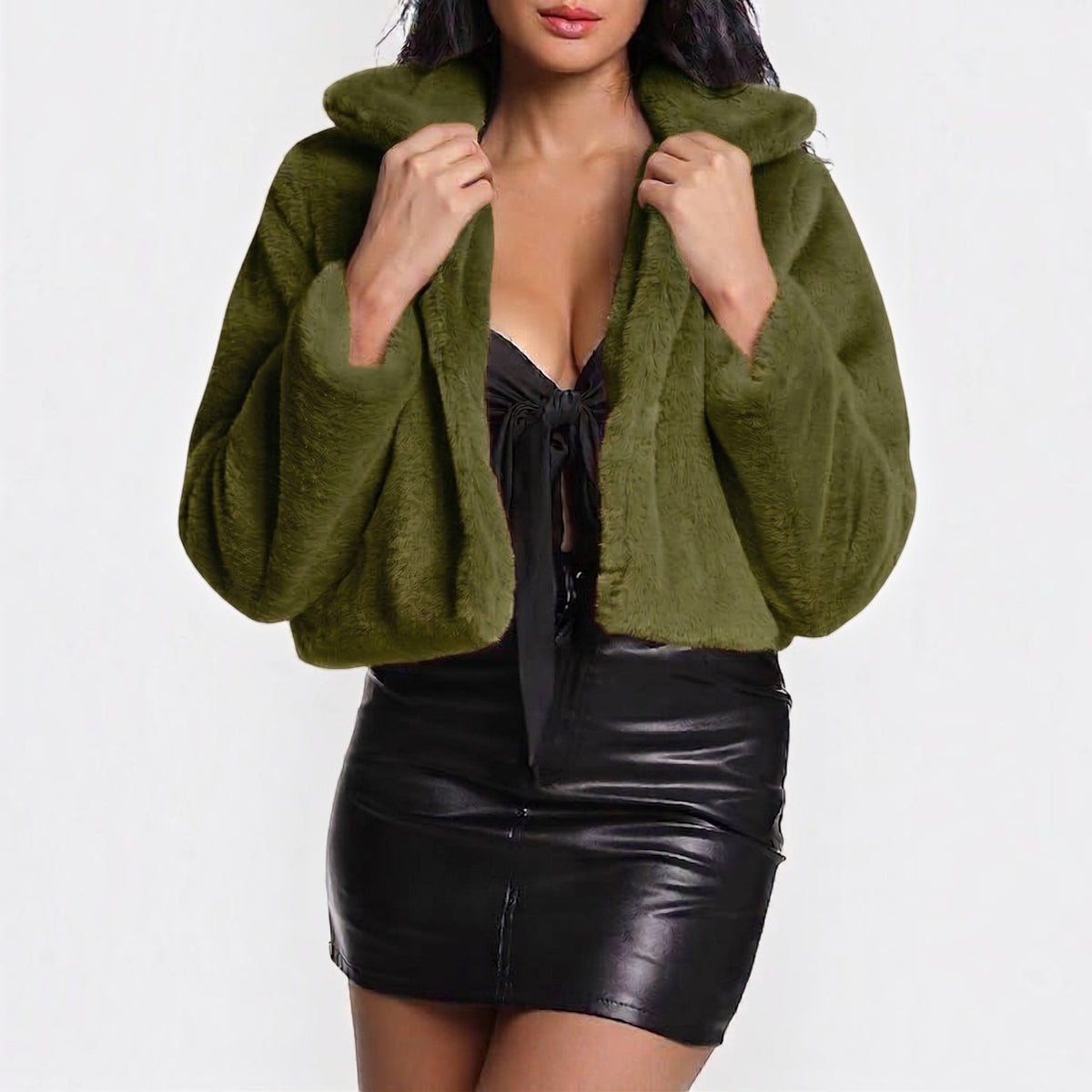 Womens Cropped Faux Fur Jacket, Plush Shawl Collar Cardigan with Hidden Pockets and Buttons
