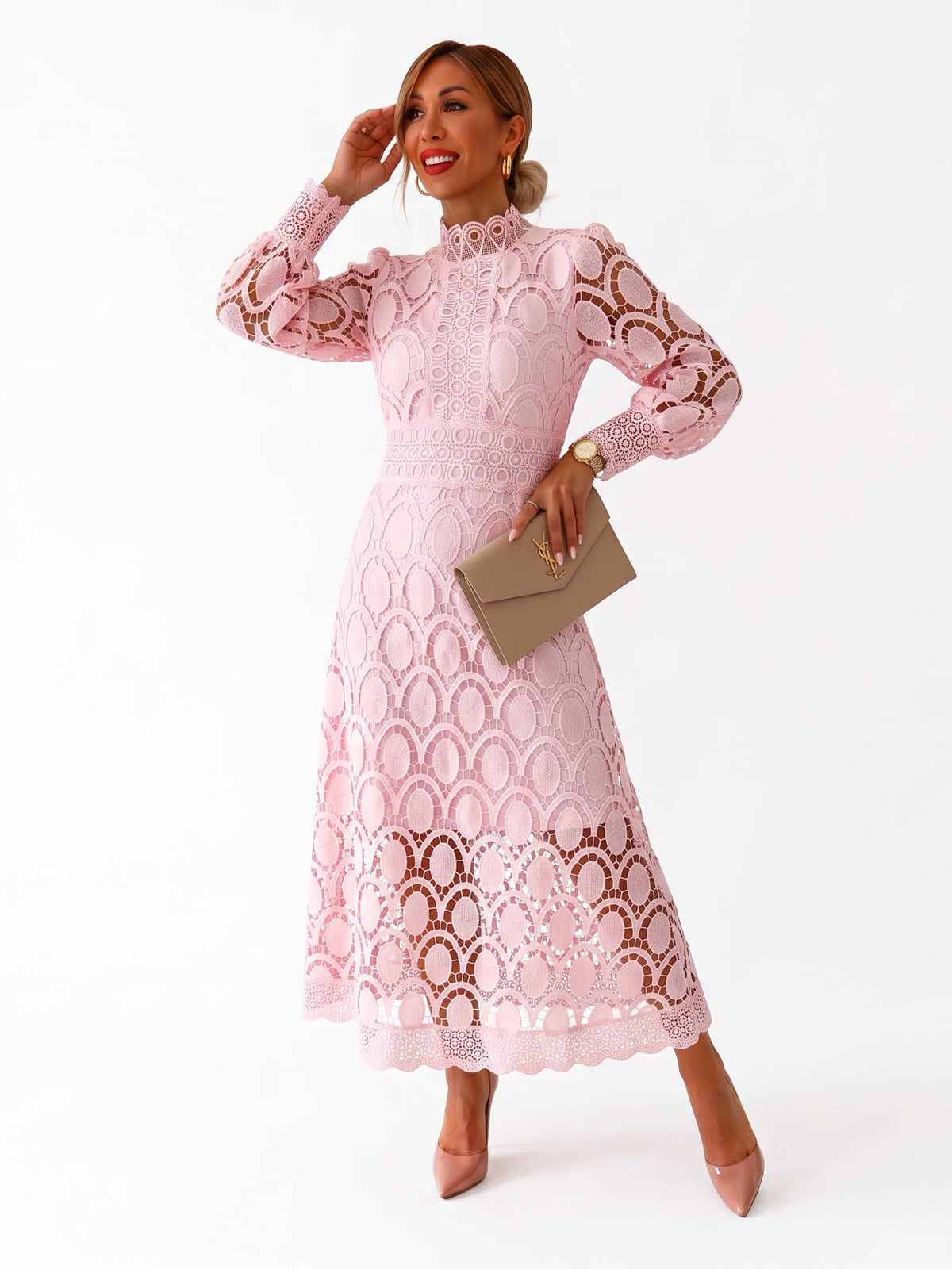 Womens Camille Openwork Midi Dress, Elegant Cutout Knit Dress, Stylish Casual Occasion Wear