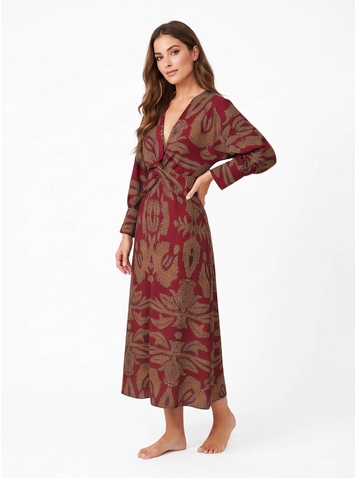 Womens Fall Wedding Guest Dress, V Neck Maxi Dress, Long Sleeve Elegant Formal Dress