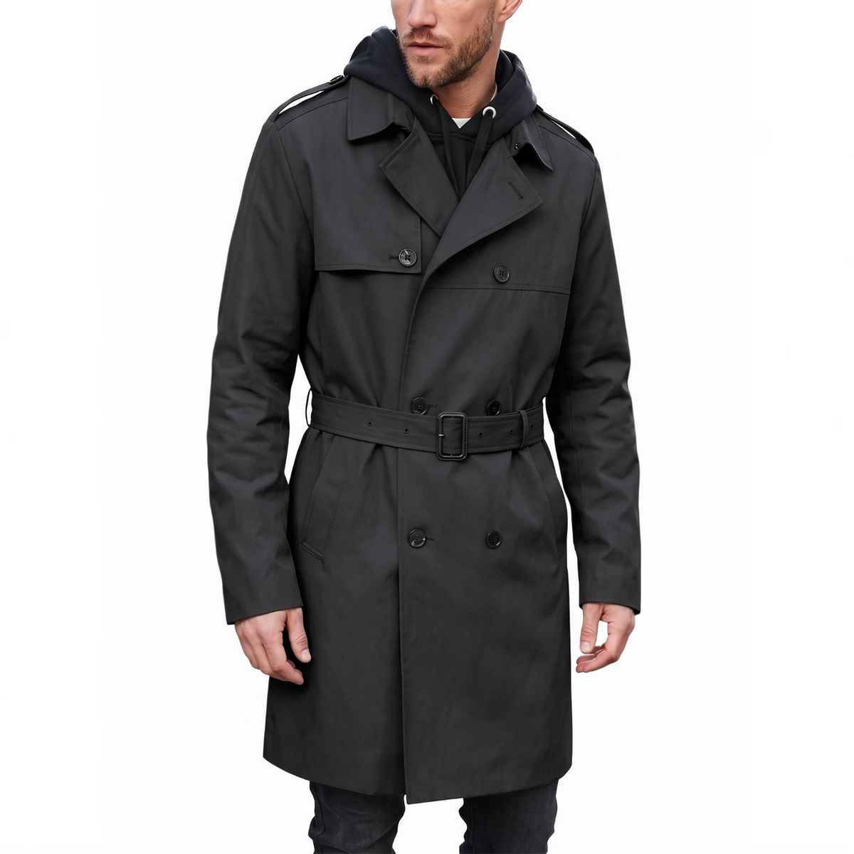 Mens Trench Coat, Belted Windproof Overcoat, Long Windbreaker Jacket