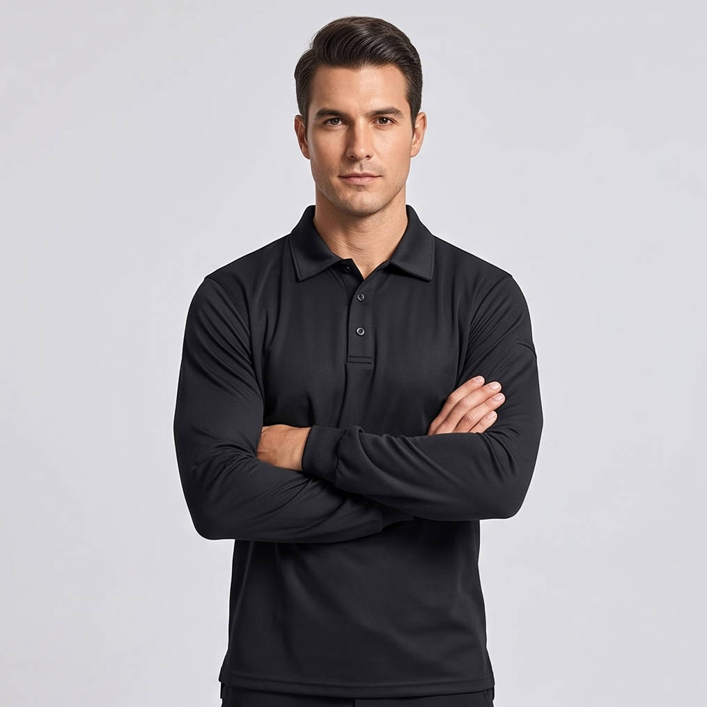 Mens Polo Shirts, Quick Dry Long Sleeve Tactical Golf Shirt, 3 Button Pique Jersey Performance Shirt