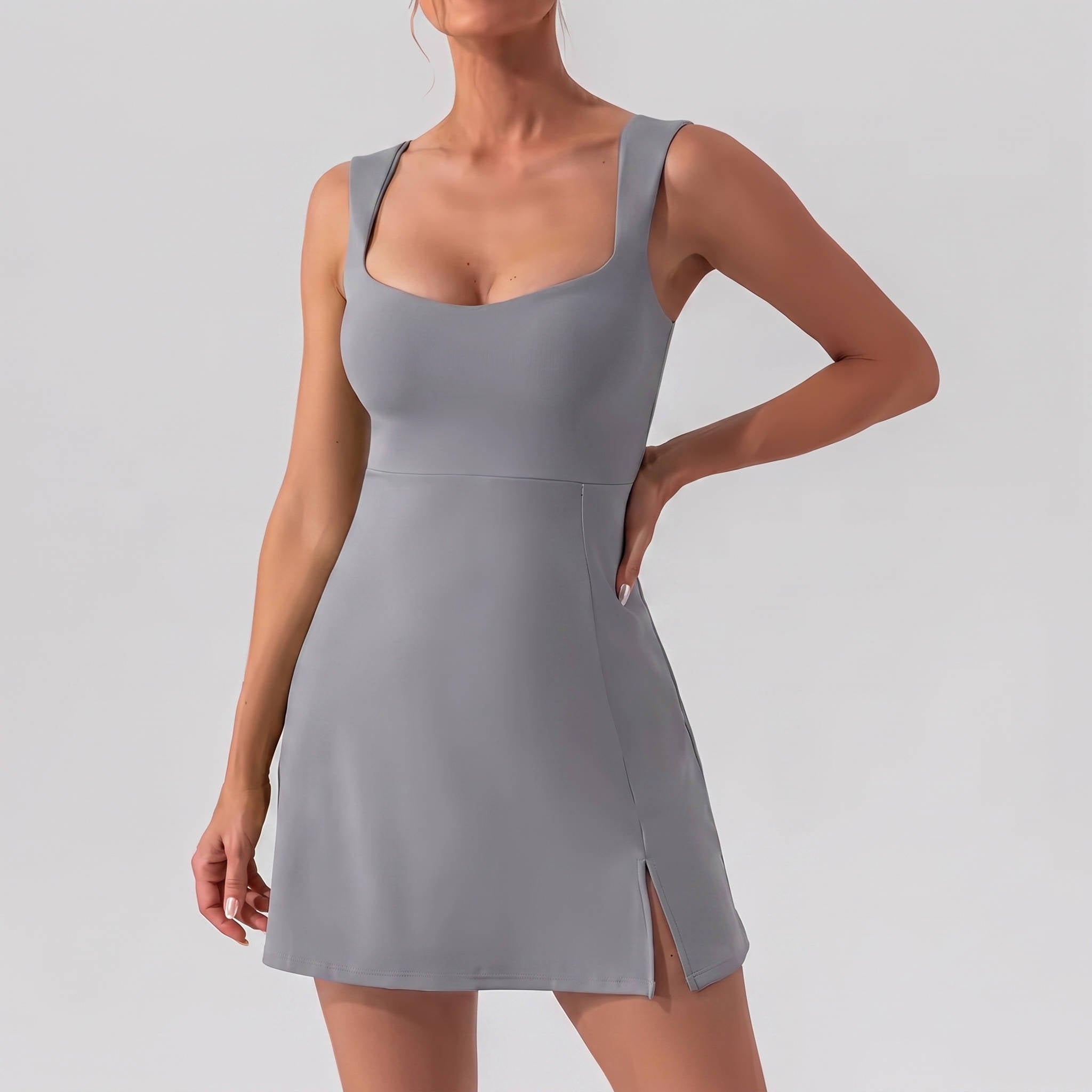 Womens Athletic Dress, Mini U Neck Sleeveless Little Dress with Built In Shorts and Pockets